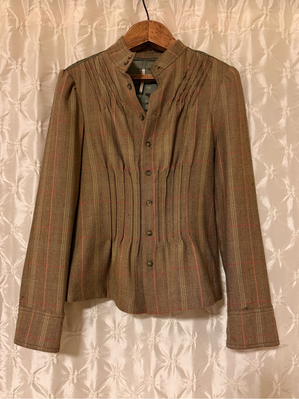 Free People Vintage 00s Brown Plaid Ruffle Peplum Jacket Mock Neck Top Wool S
